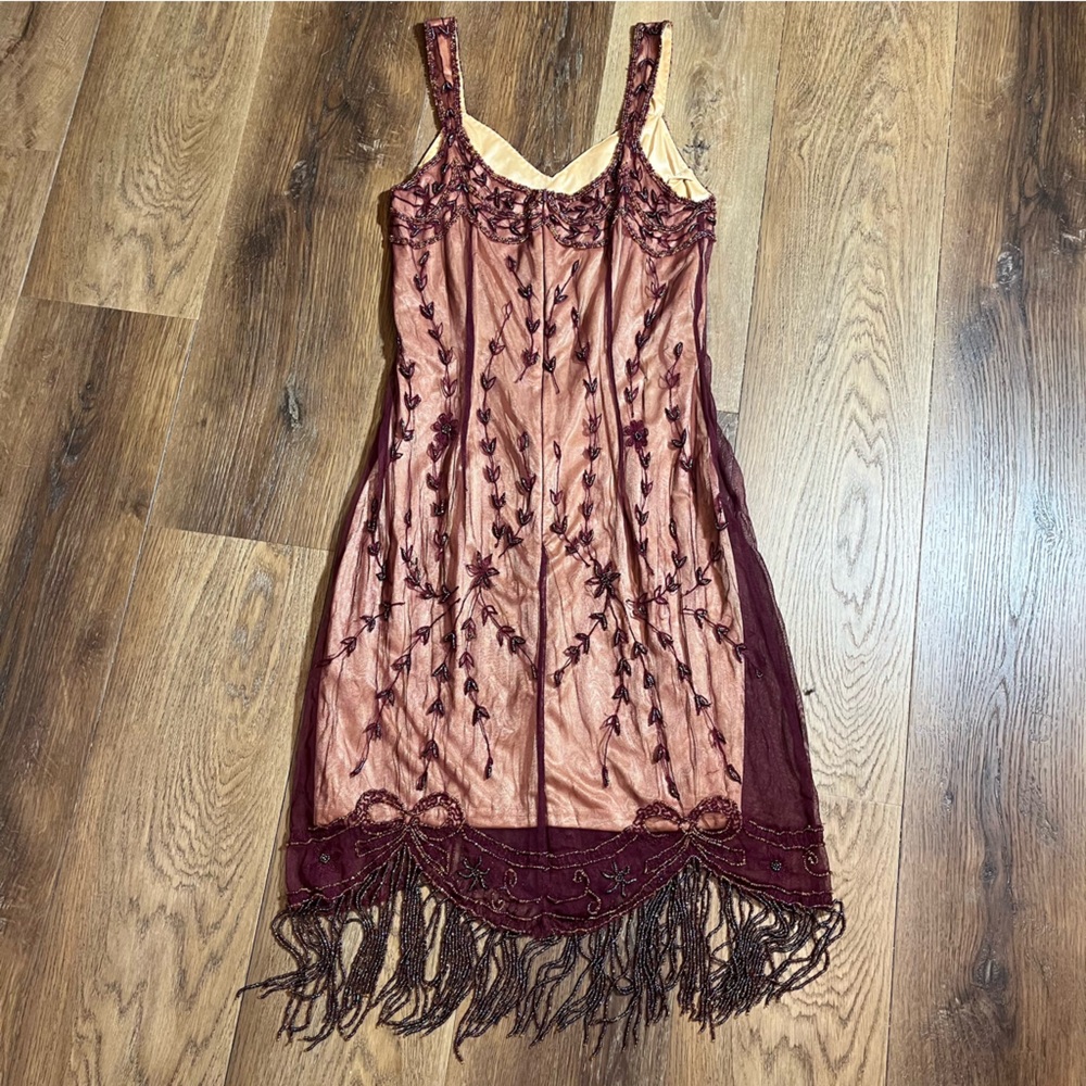 Vintage Y2K Beaded Dress Vintage Embroidered Mesh Burgundy Bow Flapper Dress - Picture 8 of 14